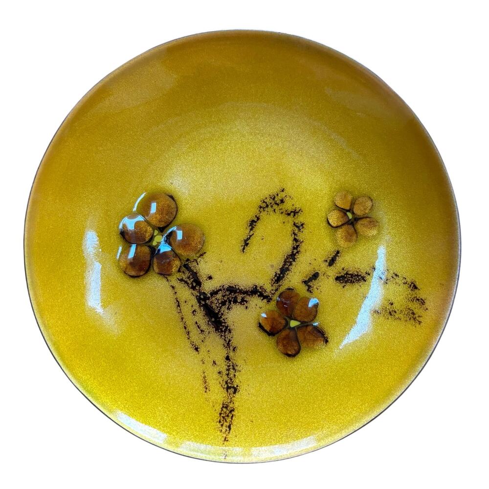 Vintage Mid Century plate enamel on copper dish mod artisan 6” gold flowers